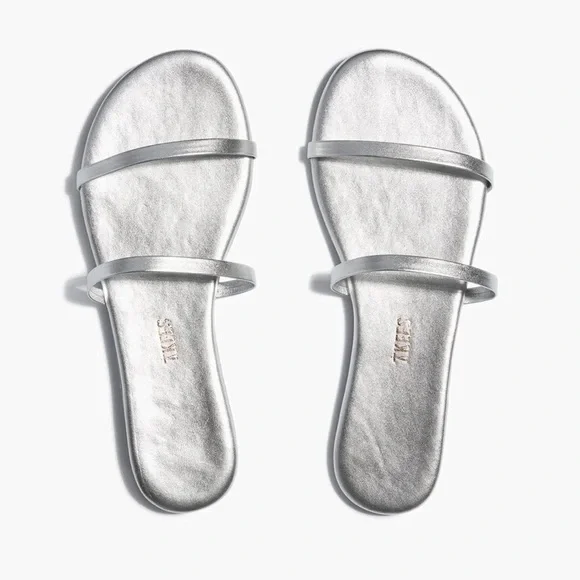 TKEES Gemma Metallic Silver Two Strap Flat Slide Sandal - Picture 1 of 14